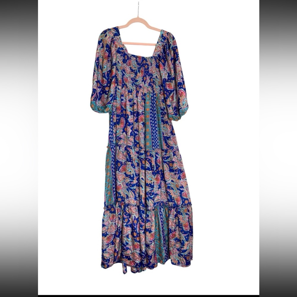 ME 2 MAGIC Anthropologie Bohemian Smocked Maxi Tiered Dress Large Balloon Sleeve - Picture 5 of 8
